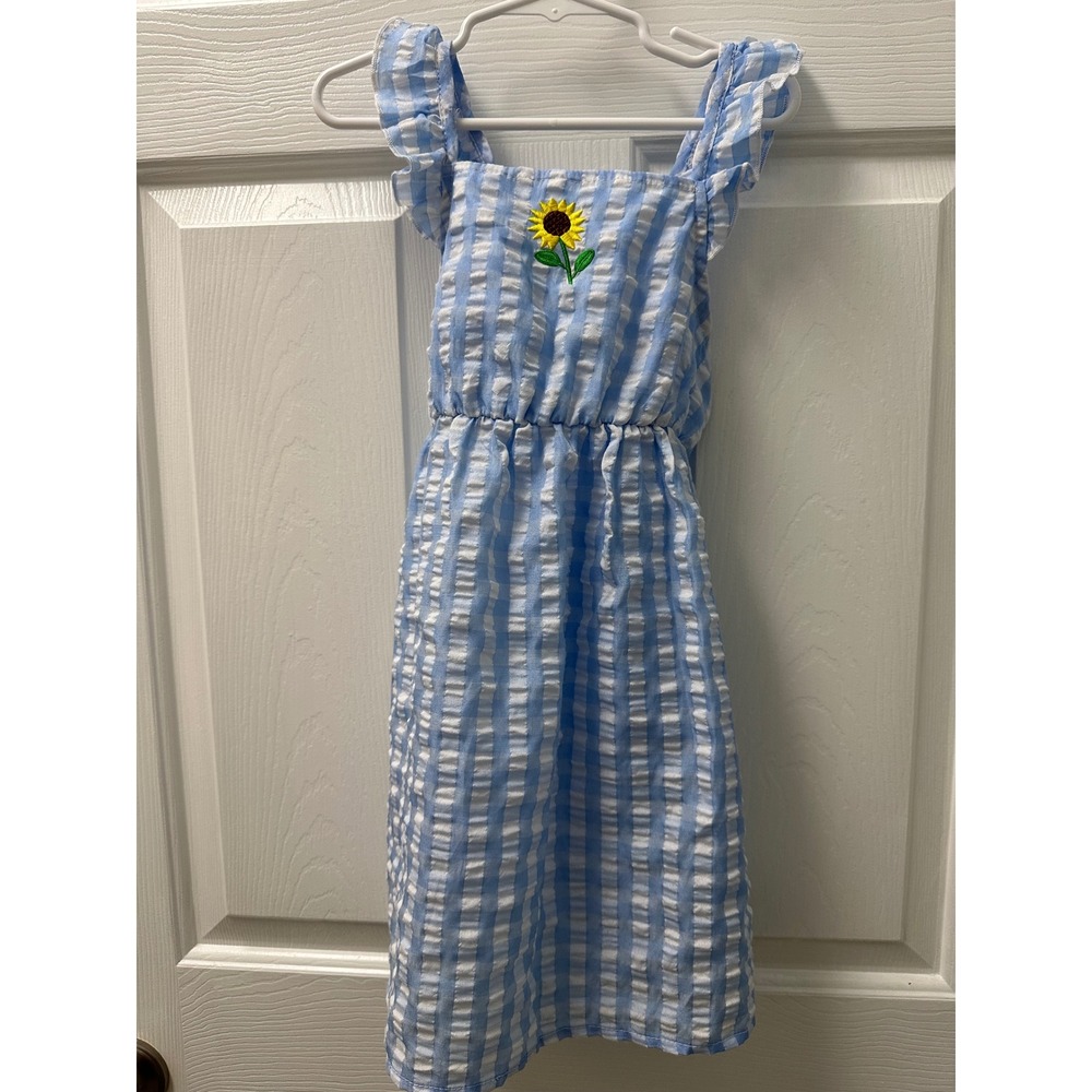 Heart and Arrow Girls Blue Gingham Sunflower Seersucker Dress Size 6‎ LD1402BL